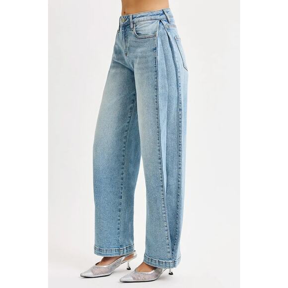 RISEN Mid Rise Snap Button Medium Wash Wide Barrel Transferable Leg Denim Jeans - Picture 4 of 12